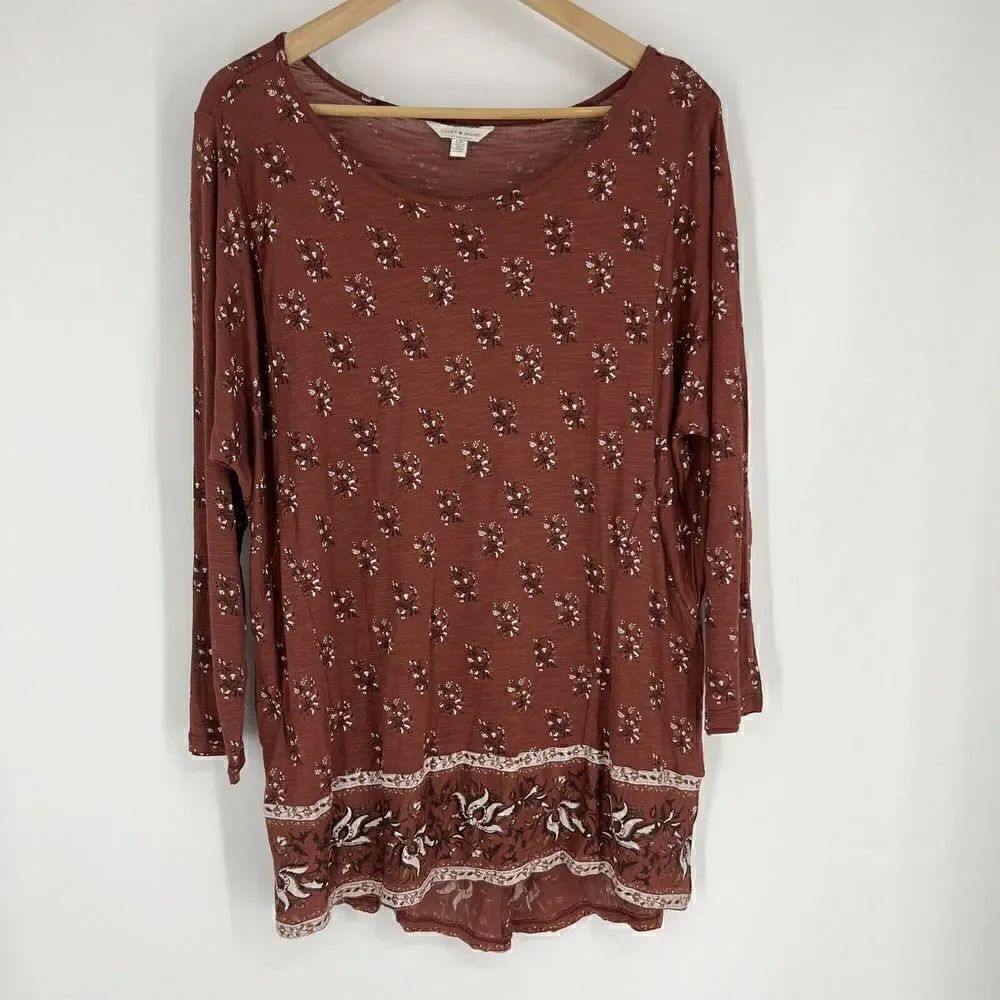 Lucky Brand Top Size Large Womens Burnt Sienna Floral Print Blouse Boat Neck